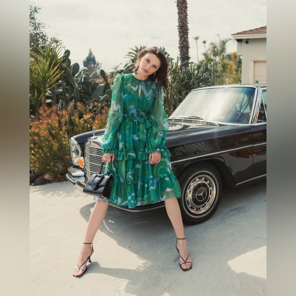 MAC DUGGALGreen Printed Chiffon Bishop Sleeve Tie Waisted Ruffle Midi